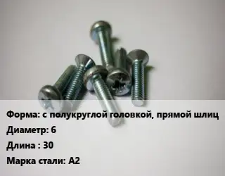 Винт с полукруглой головкой, прямой шлиц 6х30 Сталь: А2
